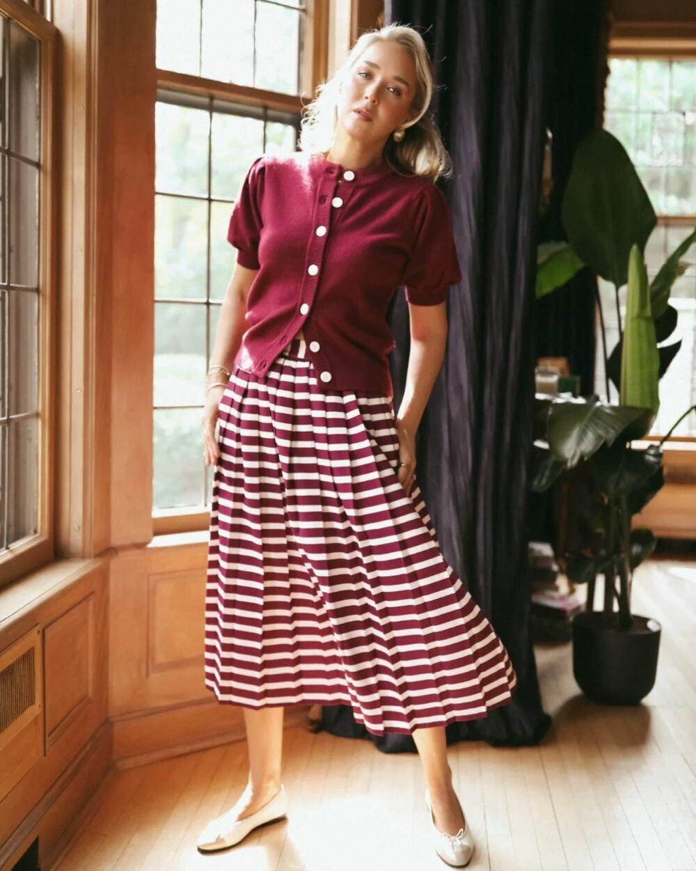 Addison Bay x Mary Orton Liza Skirt Stripe Maxi Pleated Burgundy Ivory SMALL NEW